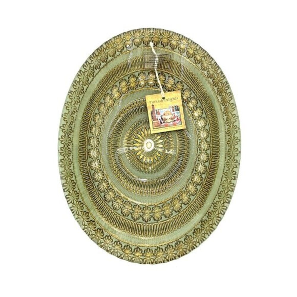 Turkish Delights Glass Oval Bowl Serving Salad Dinner Green Gold Handmade NWT